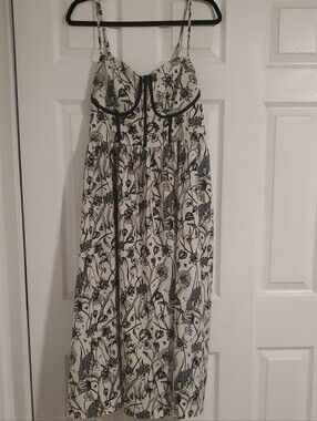 SHEIN Cream and Black Floral Midi Dress with Piping
